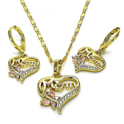 Juego de Arete y Dije de Adulto 10.196.0094 Oro Laminado, Diseño de Corazon y Mariposa, Diseño de Corazon, con Zirconia Cubica Rosado y Micro PaveBlanca, Pulido, Dorado