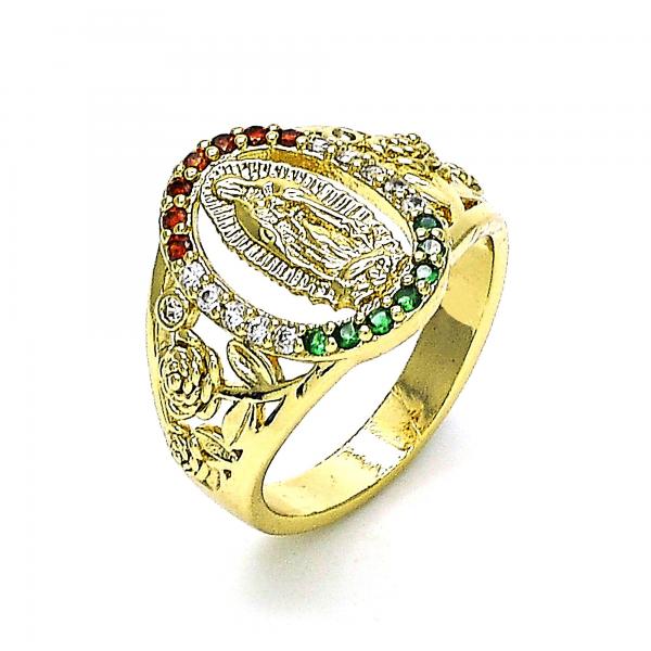 Anillo Multi Piedra 01.380.0025.1.08 Oro Laminado, Diseño de Guadalupe y Flor, Diseño de Guadalupe, con Zirconia Cubica Multicolor, Pulido, Dorado