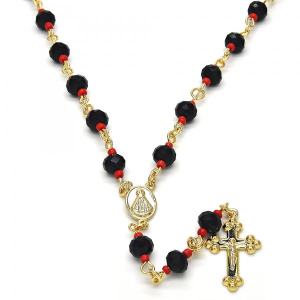 Rosario Mediano 09.63.0110.18 Oro Laminado, Diseño de Caridad del Cobre y Crucifijo, Diseño de Caridad del Cobre, con Azavache Negro y Rojo Naranja, Pulido, Dorado