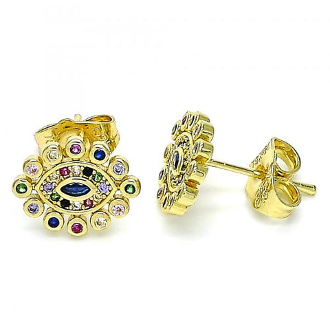 Arete Dormilona 02.156.0553.1 Oro Laminado, Diseño de Ojo Griego, con Micro Pave Multicolor, Pulido, Dorado