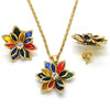 Juego de Arete y Dije de Adulto 10.64.0155.5 Oro Laminado, Diseño de Flor, con Cristal Multicolor, Pulido, Dorado