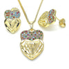 Juego de Arete y Dije de Adulto 10.233.0040.1 Oro Laminado, Diseño de Corazon, con Micro Pave Multicolor, Diamantado, Dorado