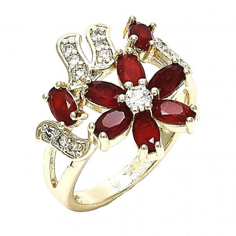 Anillo Multi Piedra 01.210.0092.1.06 Oro Laminado, Diseño de Flor, con Zirconia Cubica Rubi y Blanca, Pulido, Dorado