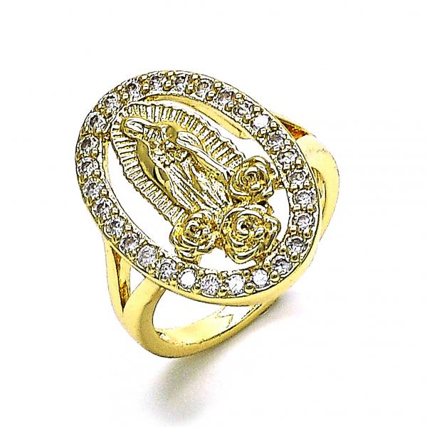 Anillo Elegante 01.380.0022.09 Oro Laminado, Diseño de Guadalupe y Flor, Diseño de Guadalupe, con Zirconia Cubica Blanca, Pulido, Dorado