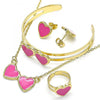 Collar, Pulso, Arete y Anillo 06.361.0025 Oro Laminado, Diseño de Corazon, Esmaltado Rosado, Dorado