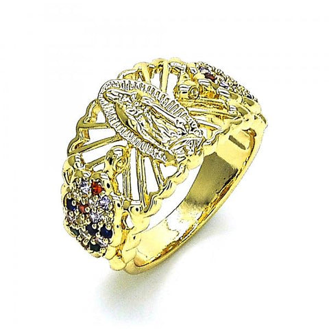 Anillo Multi Piedra 01.380.0027.1.09 Oro Laminado, Diseño de Guadalupe y Tortuga, Diseño de Guadalupe, con Zirconia Cubica Multicolor, Pulido, Dorado