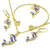 Collar, Pulso, Arete y Anillo 10.63.0590.1 Oro Laminado, Diseño de Delfin, con Cristal Blanca, Esmaltado Azul, Dorado