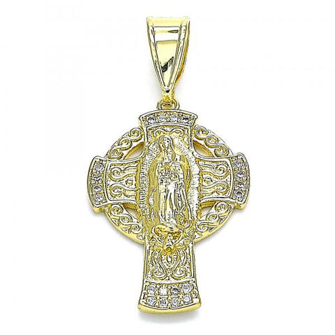 Dije Religioso 05.253.0084 Oro Laminado, Diseño de Guadalupe y Cruz, Diseño de Guadalupe, con Micro Pave Blanca, Pulido, Dorado