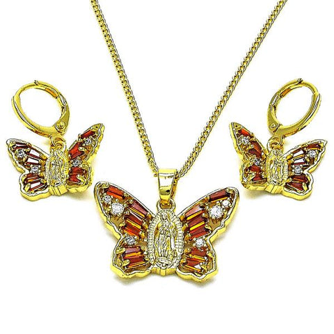 Juego de Arete y Dije de Adulto 10.316.0074.1 Oro Laminado, Diseño de Mariposa y Guadalupe, Diseño de Mariposa, con Zirconia Cubica Granate y Blanca, Pulido, Dorado