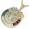 Dije Religioso 05.380.0030.1 Oro Laminado, Diseño de Moneda Centenario y Angel, Diseño de Moneda Centenario, con Cristal Granate y Verde, Pulido, Tricolor