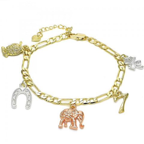 Pulsera de Dije 03.351.0027.07 Oro Laminado, Diseño de Buho y Elefante, Diseño de Buho, Pulido, Tricolor