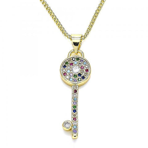 Collares con Dije 04.344.0007.2.20 Oro Laminado, Diseño de Llave, con Micro Pave Multicolor, Pulido, Dorado
