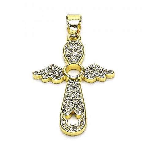 Dije Religioso 05.102.0053 Oro Laminado, Diseño de Cruz y Alas, Diseño de Cruz, con Micro Pave Blanca, Pulido, Dorado
