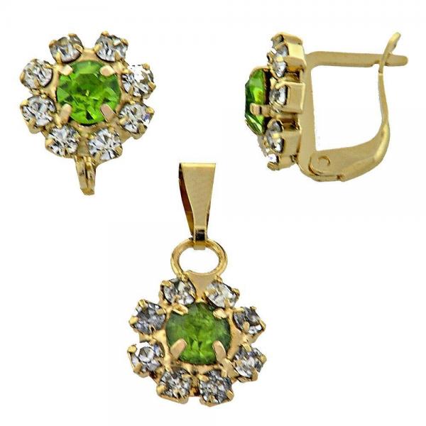 Juego de Arete y Dije de Adulto 10.150.0033.5 Oro Laminado, Diseño de Flor, con Zirconia Cubica Verde Claro y Blanca, Pulido, Dorado