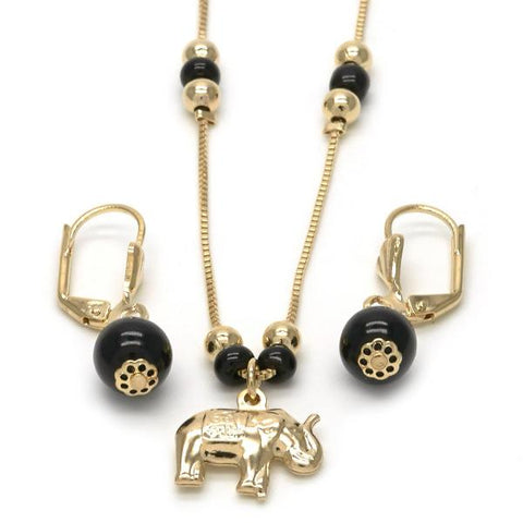 Juego de Arete y Dije de Adulto 10.32.0013.18 Oro Laminado, Diseño de Elefante y Cola de Raton, Diseño de Elefante, con Azavache Negro, Pulido, Dorado