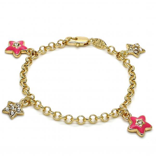 Pulsera de Dije 03.63.1367.06 Oro Laminado, Diseño de Estrella y Rolo, Diseño de Estrella, con Cristal Blanca, Esmaltado Rosado, Dorado