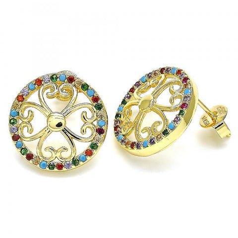 Arete Dormilona 02.233.0017 Oro Laminado, Diseño de Flor, con Micro Pave Multicolor, Pulido, Dorado