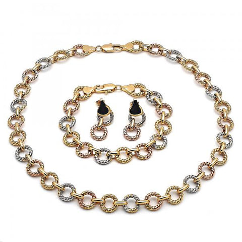 Collar, Pulso y Arete 06.92.0004 Oro Laminado, Diseño de Rope, Pulido, Tres Tonos
