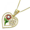 Collares con Dije 04.351.0018.2.20 Oro Laminado, Diseño de Corazon y Flor, Diseño de Corazon, con Cristal Blanca, Pulido, Tricolor