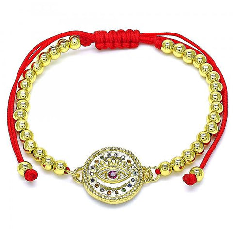 Pulsera Bolo Ajustable 03.381.0001.11 Oro Laminado, Diseño de Ojo Griego y Bola, Diseño de Ojo Griego, con Zirconia Cubica Rubi y Micro PaveMulticolor, Pulido, Dorado