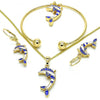 Collar, Pulso, Arete y Anillo 10.63.0590.1 Oro Laminado, Diseño de Delfin, con Cristal Blanca, Esmaltado Azul, Dorado