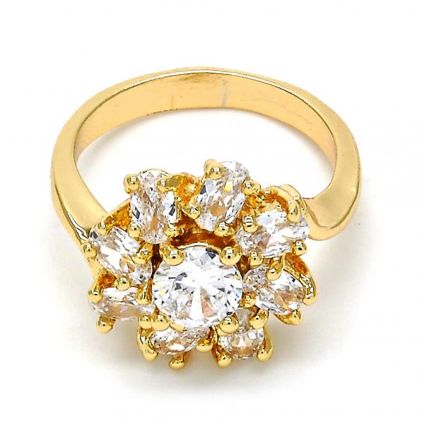 Anillo Multi Piedra 01.210.0048.08 Oro Laminado, Diseño de Flor, con Zirconia Cubica Blanca, Pulido, Dorado