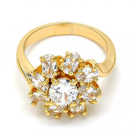Anillo Multi Piedra 01.210.0048.08 Oro Laminado, Diseño de Flor, con Zirconia Cubica Blanca, Pulido, Dorado