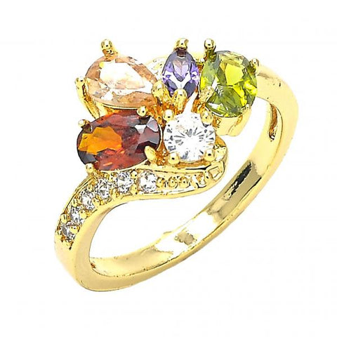 Anillo Multi Piedra 01.221.0008.1.06 Oro Laminado, Diseño de Gota, con Zirconia Cubica Multicolor, Pulido, Dorado