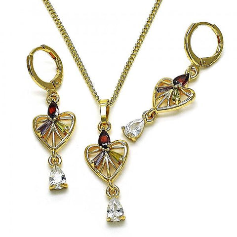 Juego de Arete y Dije de Adulto 10.357.0015 Oro Laminado, Diseño de Corazon y Gota, Diseño de Corazon, con Zirconia Cubica Multicolor y Blanca, Pulido, Dorado