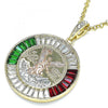 Dije Religioso 05.380.0028.1 Oro Laminado, Diseño de Moneda Centenario y Angel, Diseño de Moneda Centenario, con Cristal Granate y Verde, Pulido, Tricolor