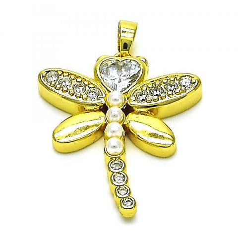 Dije Elegante 05.381.0006 Oro Laminado, Diseño de Libelula, con Zirconia Cubica Blanca y PerlaMarfil, Pulido, Dorado