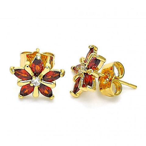 Arete Dormilona 02.387.0075 Oro Laminado, Diseño de Flor, con Zirconia Cubica Granate y Blanca, Pulido, Dorado