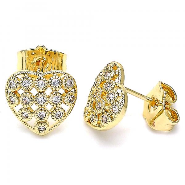 Arete Dormilona 02.156.0485 Oro Laminado, Diseño de Corazon, con Micro Pave Blanca, Pulido, Dorado
