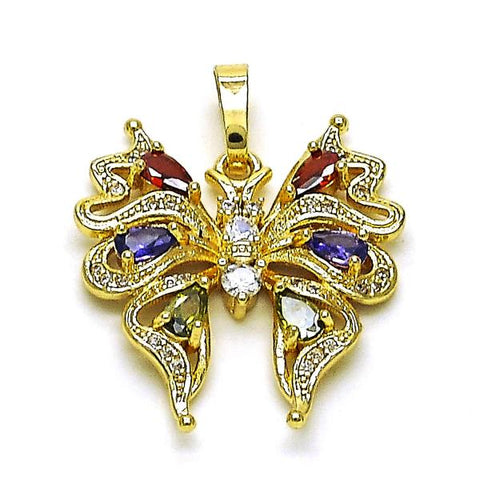 Dije Elegante 05.284.0009.2 Oro Laminado, Diseño de Mariposa, con Zirconia Cubica Multicolor y Micro PaveBlanca, Pulido, Dorado