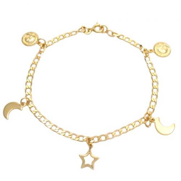 Pulsera de Dije 03.58.0052.07 Oro Laminado, Diseño de Sol y Luna, Diseño de Sol, Pulido, Dorado