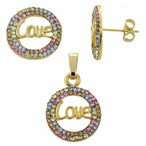 Juego de Arete y Dije de Adulto 10.164.0002.1 Oro Laminado, Diseño de Amor, con Cristal Multicolor, Pulido, Dorado