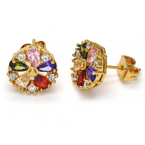 Arete Dormilona 02.210.0040.1 Oro Laminado, Diseño de Flor, con Zirconia Cubica Multicolor, Pulido, Dorado