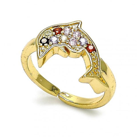 Anillo Multi Piedra 01.210.0090.1 Oro Laminado, Diseño de Delfin, con Zirconia Cubica Multicolor y Negro, Pulido, Dorado