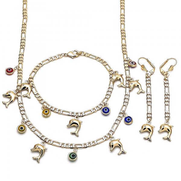 Collar, Pulso y Arete 06.213.0012 Oro Laminado, Diseño de Delfin y Ojo Griego, Diseño de Delfin, Resinado Multicolor, Dorado