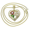 Collares con Dije 04.351.0018.2.20 Oro Laminado, Diseño de Corazon y Flor, Diseño de Corazon, con Cristal Blanca, Pulido, Tricolor