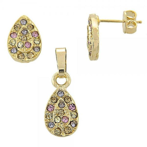 Juego de Arete y Dije de Adulto 10.164.0016.1 Oro Laminado, Diseño de Gota, con Cristal Multicolor, Pulido, Dorado