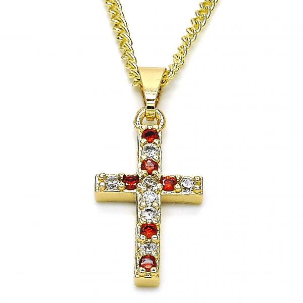 Collares con Dije 04.284.0007.1.22 Oro Laminado, Diseño de Cruz, con Zirconia Cubica Granate y Blanca, Pulido, Dorado