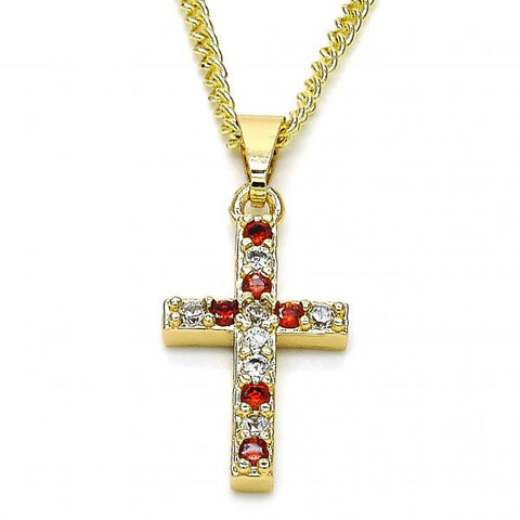 Collares con Dije 04.284.0007.1.22 Oro Laminado, Diseño de Cruz, con Zirconia Cubica Granate y Blanca, Pulido, Dorado