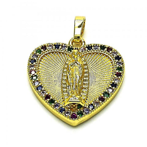 Dije Religioso 05.284.0003 Oro Laminado, Diseño de Guadalupe y Corazon, Diseño de Guadalupe, con Micro Pave Multicolor, Pulido, Dorado