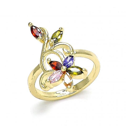 Anillo Multi Piedra 01.210.0144.07 Oro Laminado, Diseño de Flor y Oja, Diseño de Flor, con Zirconia Cubica Multicolor, Pulido, Dorado