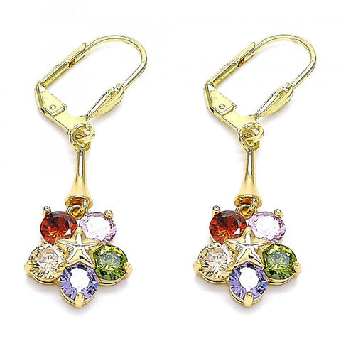 Arete Largo 02.387.0063 Oro Laminado, Diseño de Flor y Estrella, Diseño de Flor, con Zirconia Cubica Multicolor, Pulido, Dorado