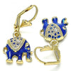 Arete Colgante 02.351.0058.4 Oro Laminado, Diseño de Elefante, con Cristal Blanca, Esmaltado Azul, Dorado