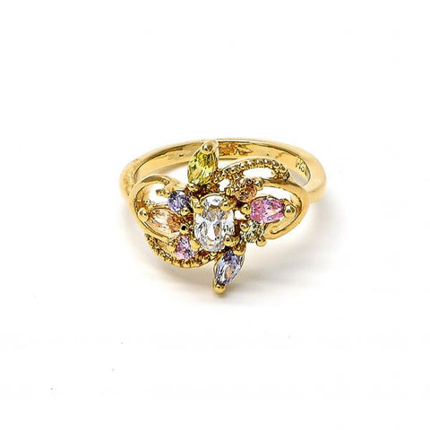 Anillo Multi Piedra 5.172.013.09 Oro Laminado, Diseño de Flor, con Zirconia Cubica Multicolor y Blanca, Pulido, Dorado