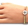 Pulsera Bolo Ajustable 03.368.0047.10 Oro Laminado, Diseño de Ojo Griego y Bola, Diseño de Ojo Griego, con Micro Pave Zafiro Azul y Blanca, Esmaltado Blanco, Dorado