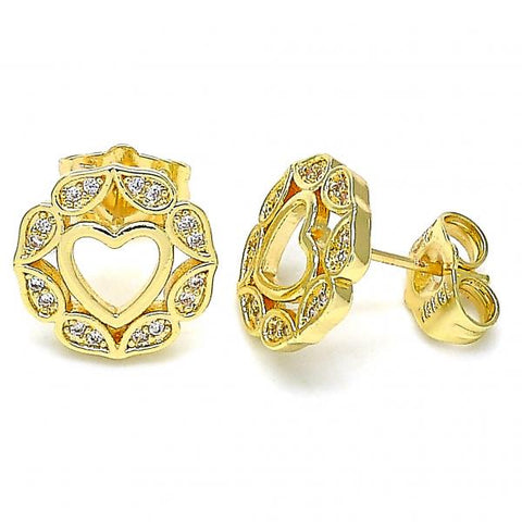 Arete Dormilona 02.156.0527 Oro Laminado, Diseño de Corazon, con Micro Pave Blanca, Pulido, Dorado